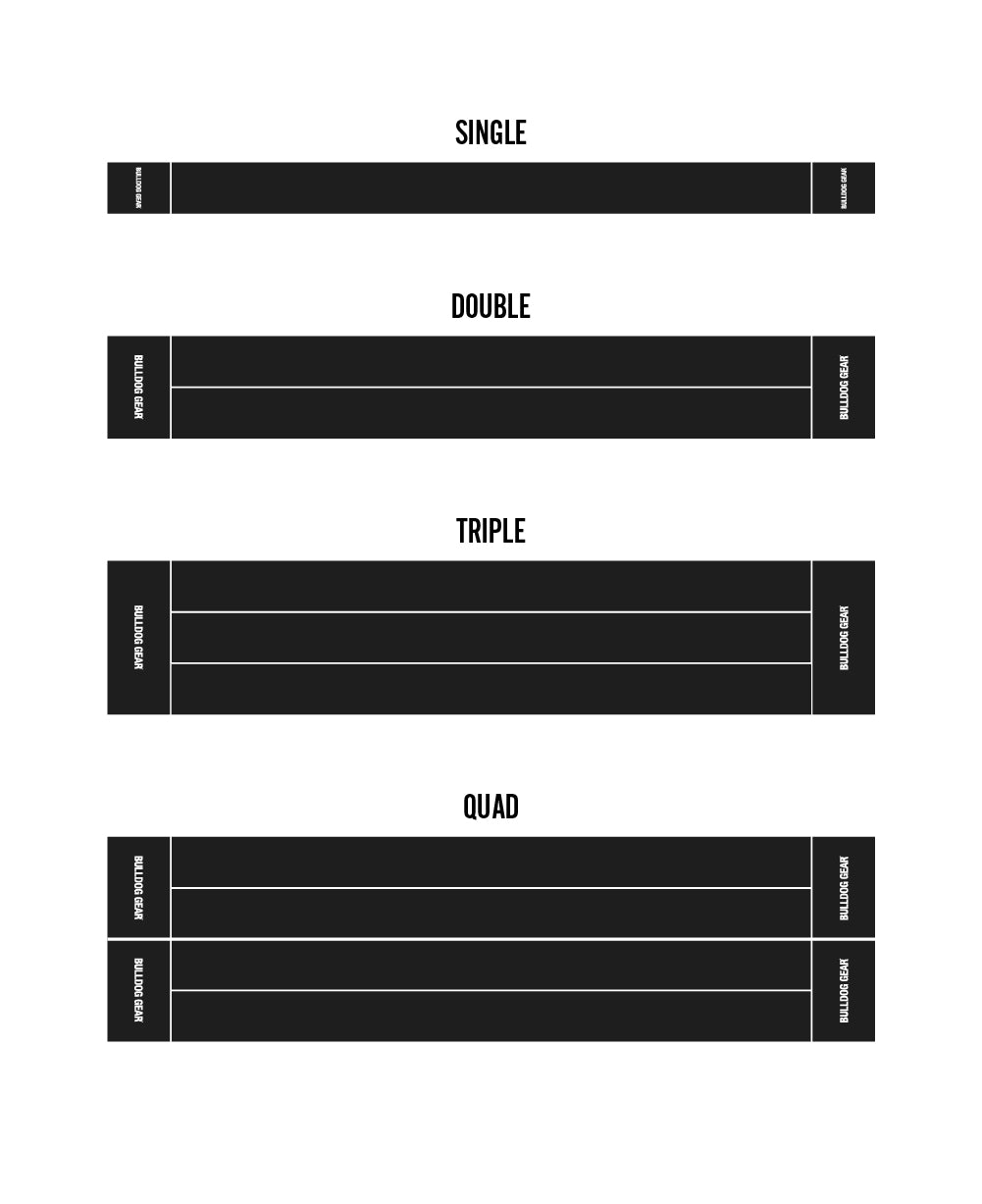 Illustrations of different types of personalisable gym sled track available in 'Single', 'Double', 'Triple', and 'Quad' lanes, white background.