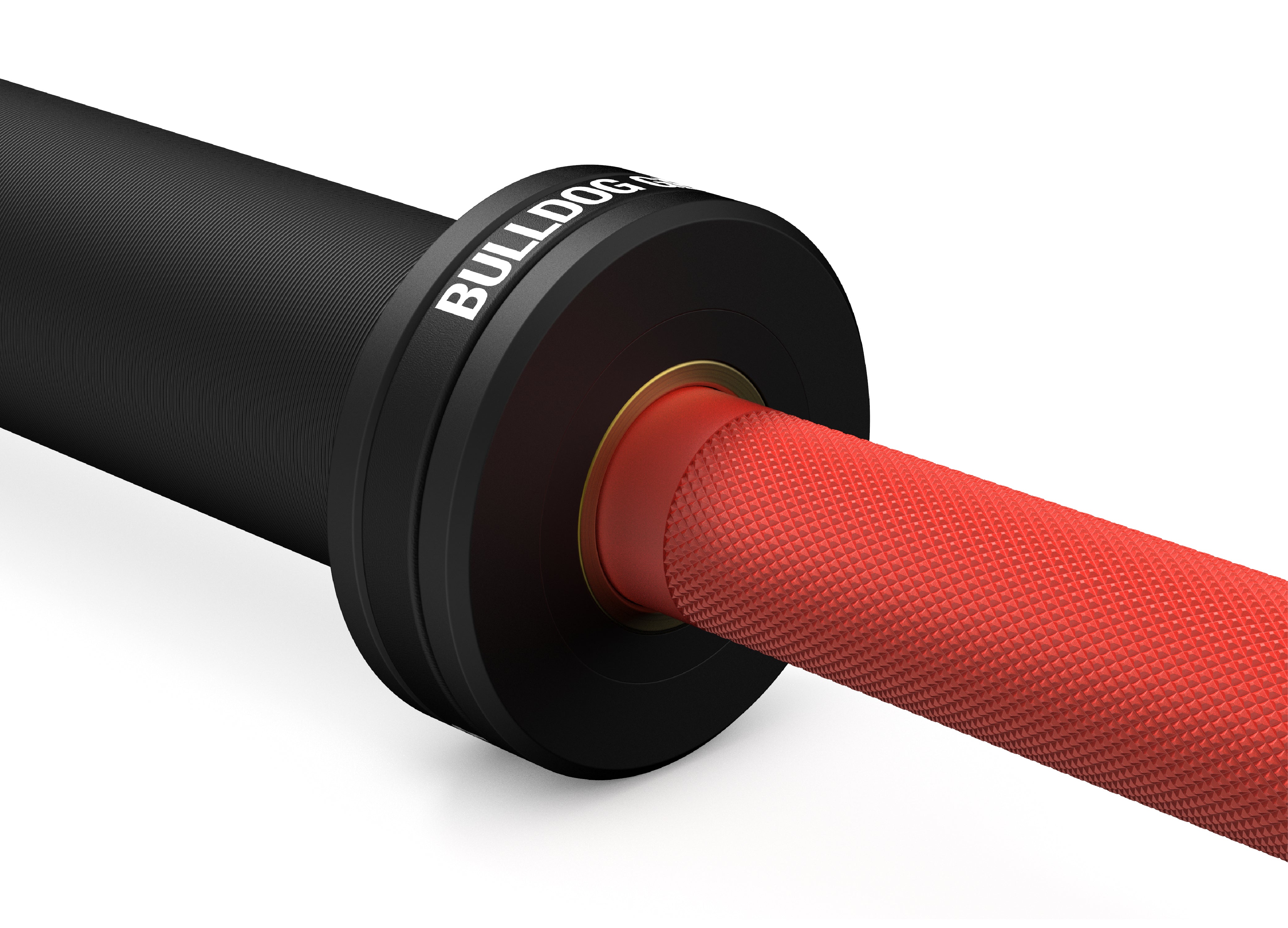 Bulldog Gear Cerakote barbell mens 20kg red branded sleeve and grip detail