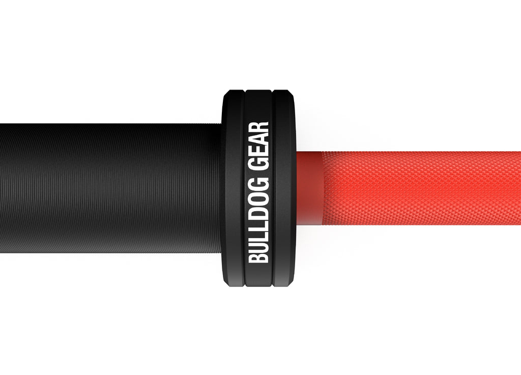 Bulldog Gear Cerakote barbell mens 20kg red branded sleeve detail 
