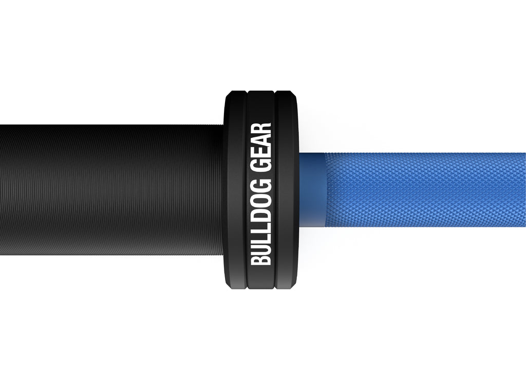 Bulldog Gear Cerakote barbell 2.0 20kg sleeve and grip detail blue